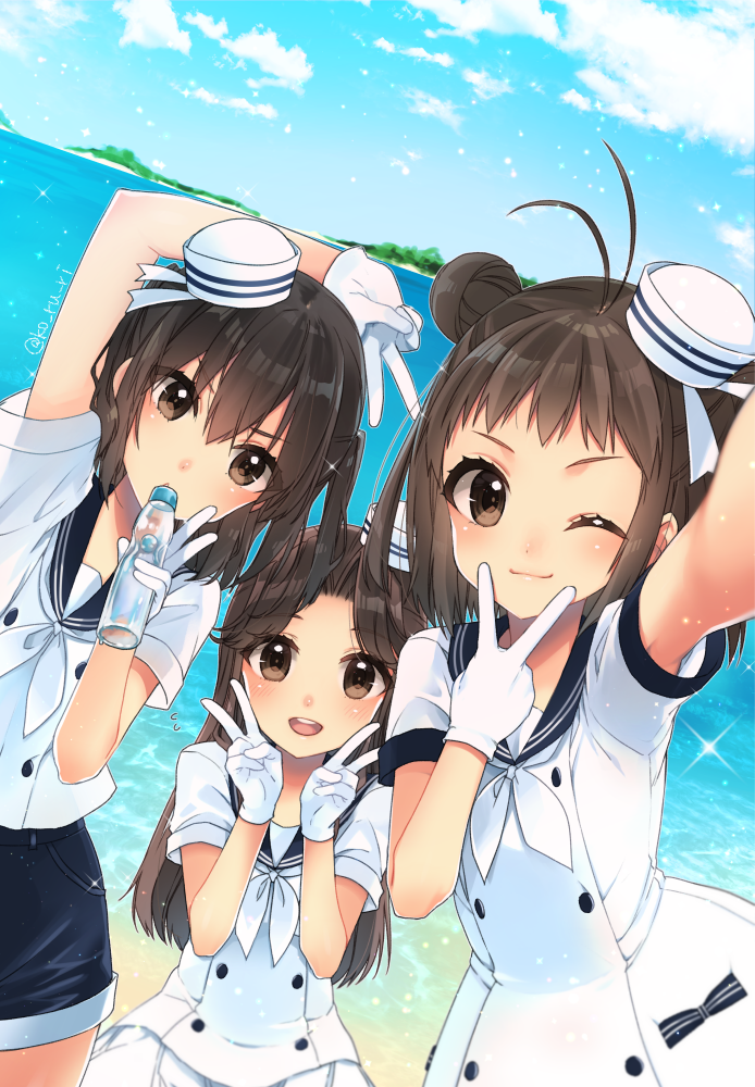 jintsuu (kancolle) ,naka (kancolle) ,sendai (kancolle) 3girls multiple girls v gloves hair bun double bun one eye closed  illustration images