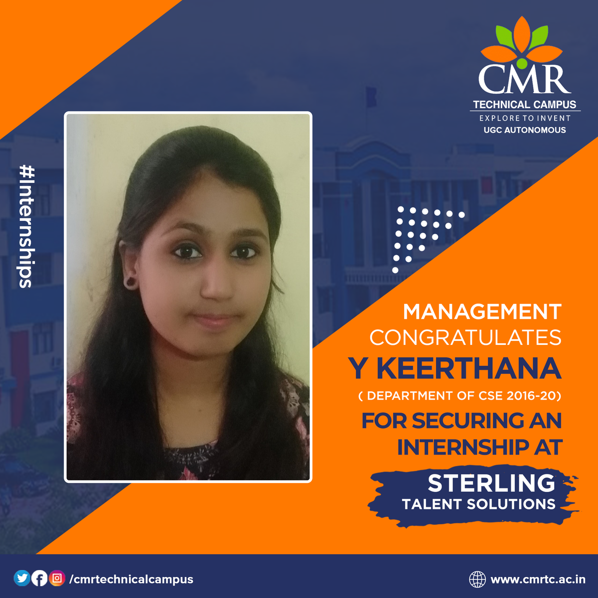 CMRTCofficial's tweet photo. #CMRTechnicalCampus #InternshipUpdates
CMR Technical Campus Congratulates Y Keerthana for securing an internship at Sterling Talent Solutions
We wish her all the best for her future and career prospects ahead !! https://t.co/WhwGMQEpf6