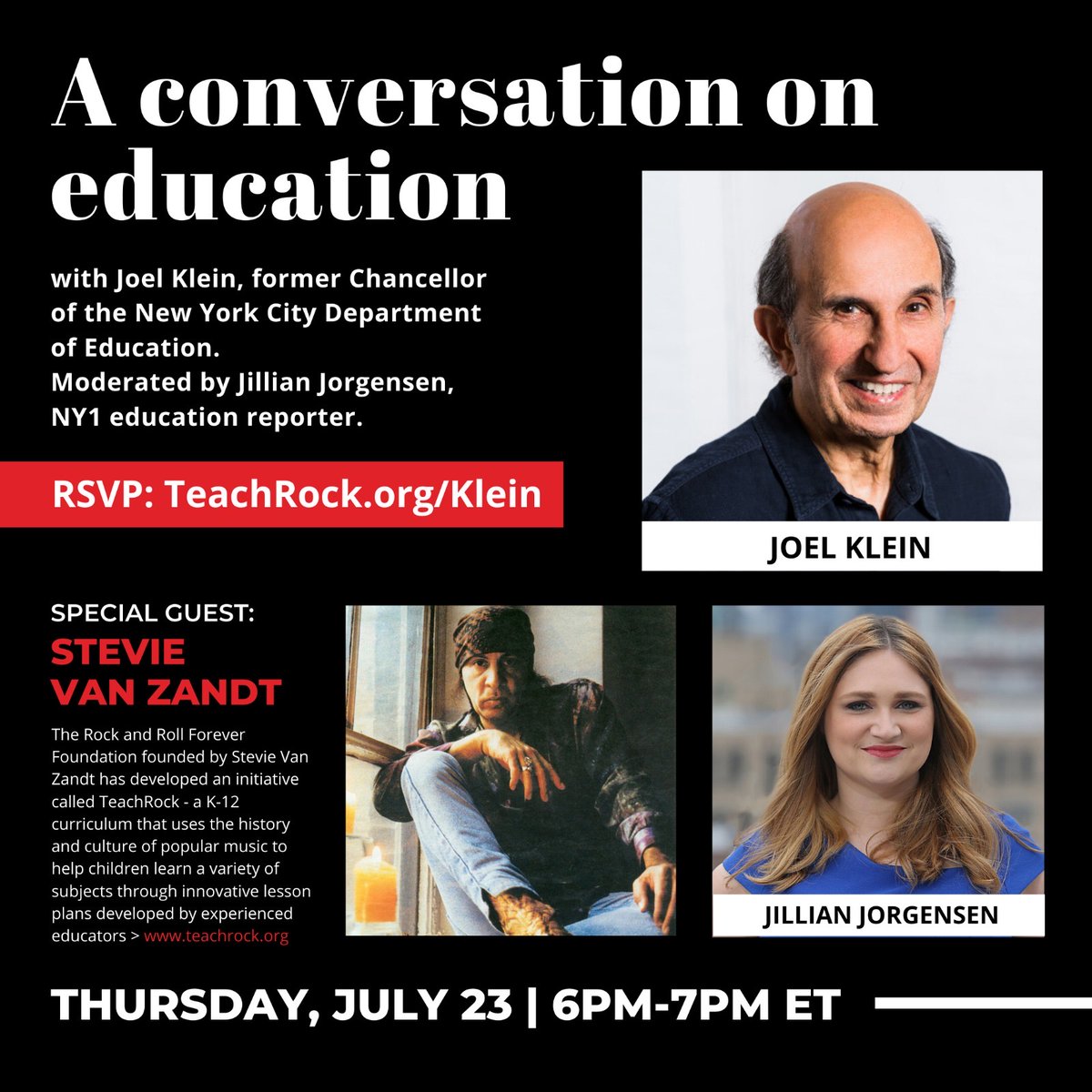 Jill_Jorgensen's tweet photo. Never thought I'd have my picture next to @StevieVanZandt's, BUT: I'll be talking with him and former schools chancellor @JoelIKlein at a virtual event for Stevie's organization @TeachRock tonight! Should be a great conversation about education, remote learning, music and more. https://t.co/2eBbImwkNT