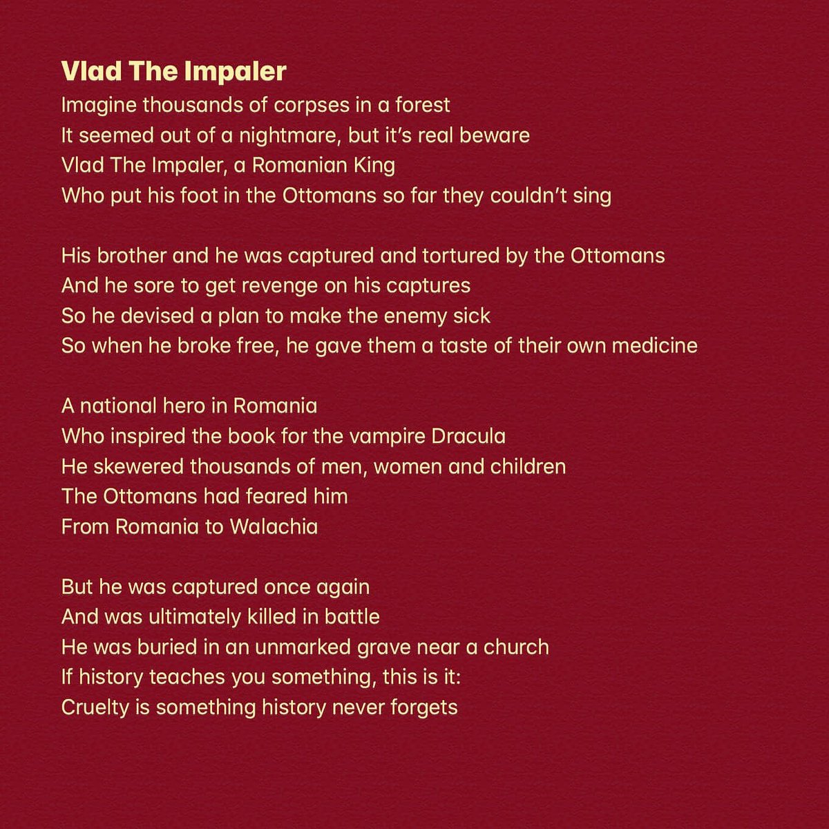 vanessa_romanov's tweet photo. He was truly a savage
#Poetry_Planet #poetrycommunity #heartsofpoets #poetrylovers #Vladtheimpaler #poem #PoetsTwitter https://t.co/YzRMrDDOrz