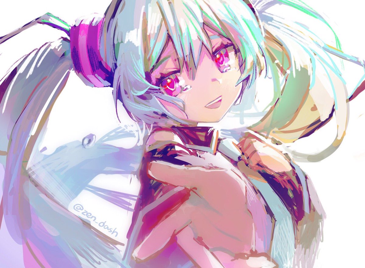 hatsune miku 1girl solo long hair twintails hand on own chest looking at viewer shirt  illustration images