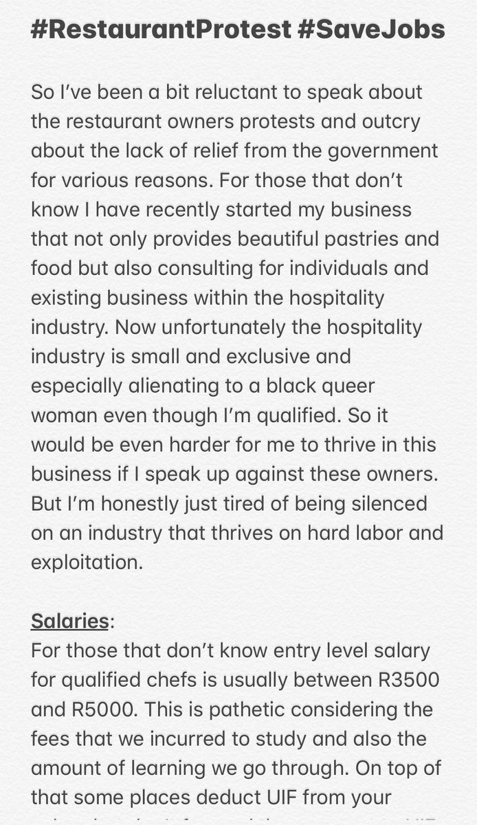 ThokozaniChili's tweet photo. #RestaurantProtest
🚨🚨So I wrote a letter about the Tourism and Hospitality industry. Please read! It highlights all the injustices that we face as employees and job seekers. Those who want to share their experiences can share too. I’m tired of being quiet. 🚨🚨
Part 1: https://t.co/KyPxTMO7Rn