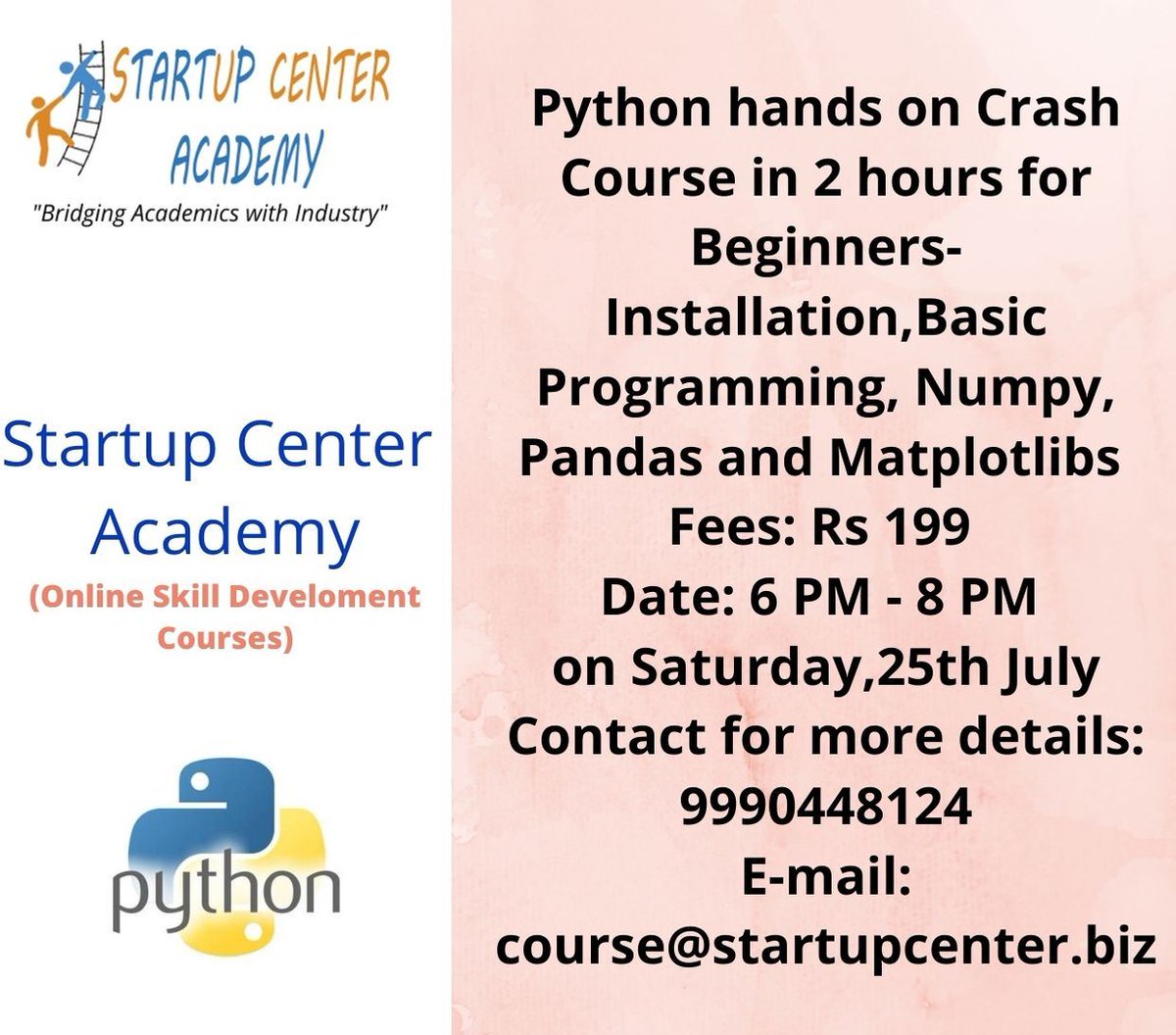 center_startup's tweet image. Python hands on crash course in 2 hours for beginners installations,basic programming,Numpy ,pandas and matplotlibs
forms.gle/oJqmGXLRW5nHTe…
#beginners #pythoncourse #pythonstudents #freshers #faculty #mba #bba #pgdm #pandas #basic #matplotlibs #coding