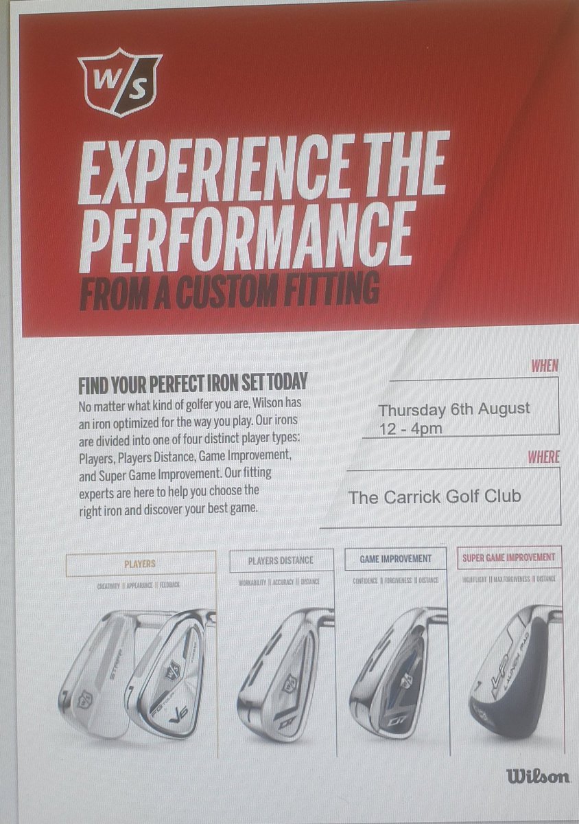 **WILSON STAFF CUSTOM FITTING EVENT** Thursday 6th August @thecarrickgolf Driving Range 12pm to 4pm. To book an appointment please do not hesitate to contact 01389 727679 or email egrimes@cameronhouse.co.uk ⛳️🏌🏼‍♂️ @WilsonGolf @parsonsdrew1 @AndyClift2