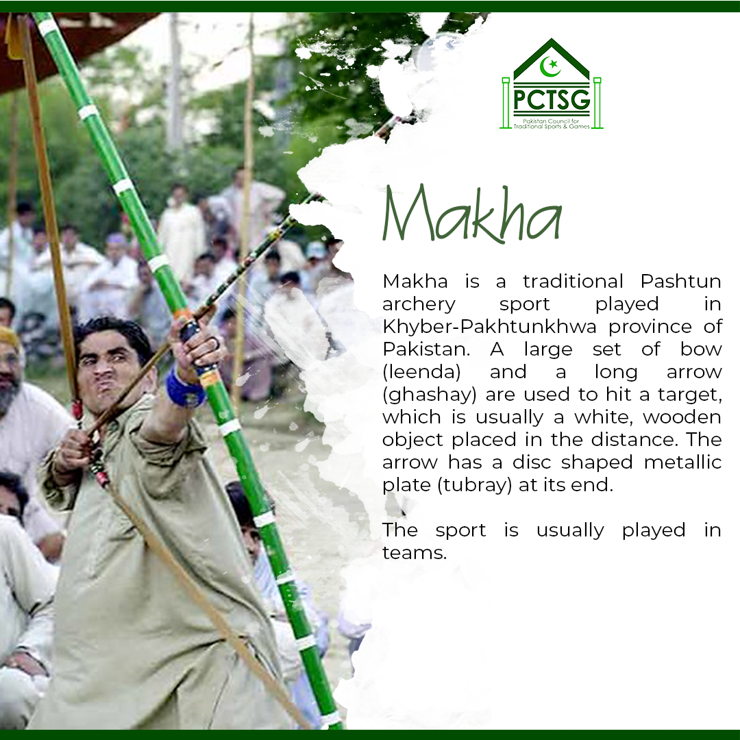 PakistanTSG's tweet image. MAKHA 

Makha is a traditional Pashtun archery sport played in Khyber-Pakhtunkhwa province of Pakistan. A large set of bow (leenda) and a long arrow (ghashay) are used to hit a target, which is usually a white, wooden object placed in the distance. 

#PCTSG #Makha #Archery
