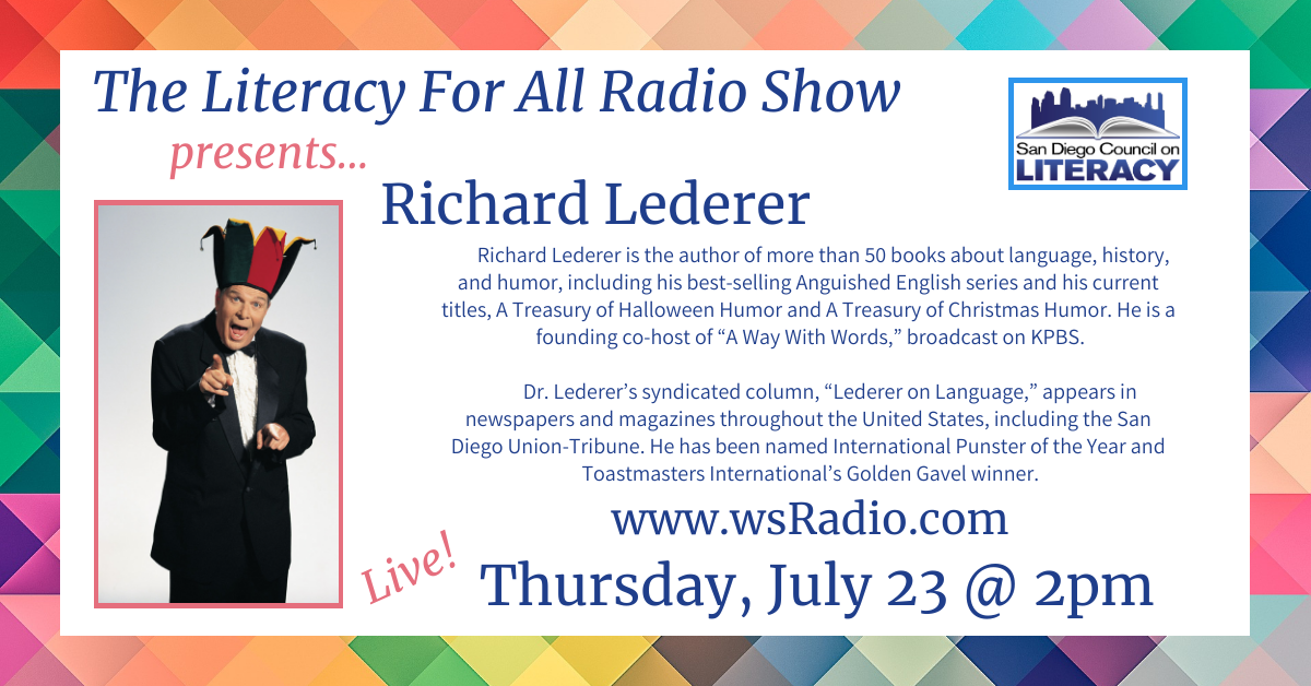 SDLiteracy's tweet photo. Richard Lederer always has something fun to share!  Listen live at 2pm here: https://t.co/oqQarIKICF

https://t.co/qEMLeYgWjX
#letsreadsd #literacyforall https://t.co/qunPuahTDk