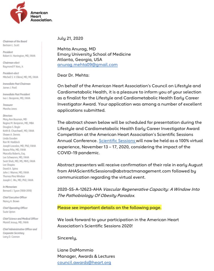 Looking forward to presenting our research @EmoryCCRI on Vascular Regenerative Capacity and the #Pathobiology of #ObesityParadox in CAD during #Virtual #AHA2020 Lifestyle & Cardiometabolic Health #YIA session!