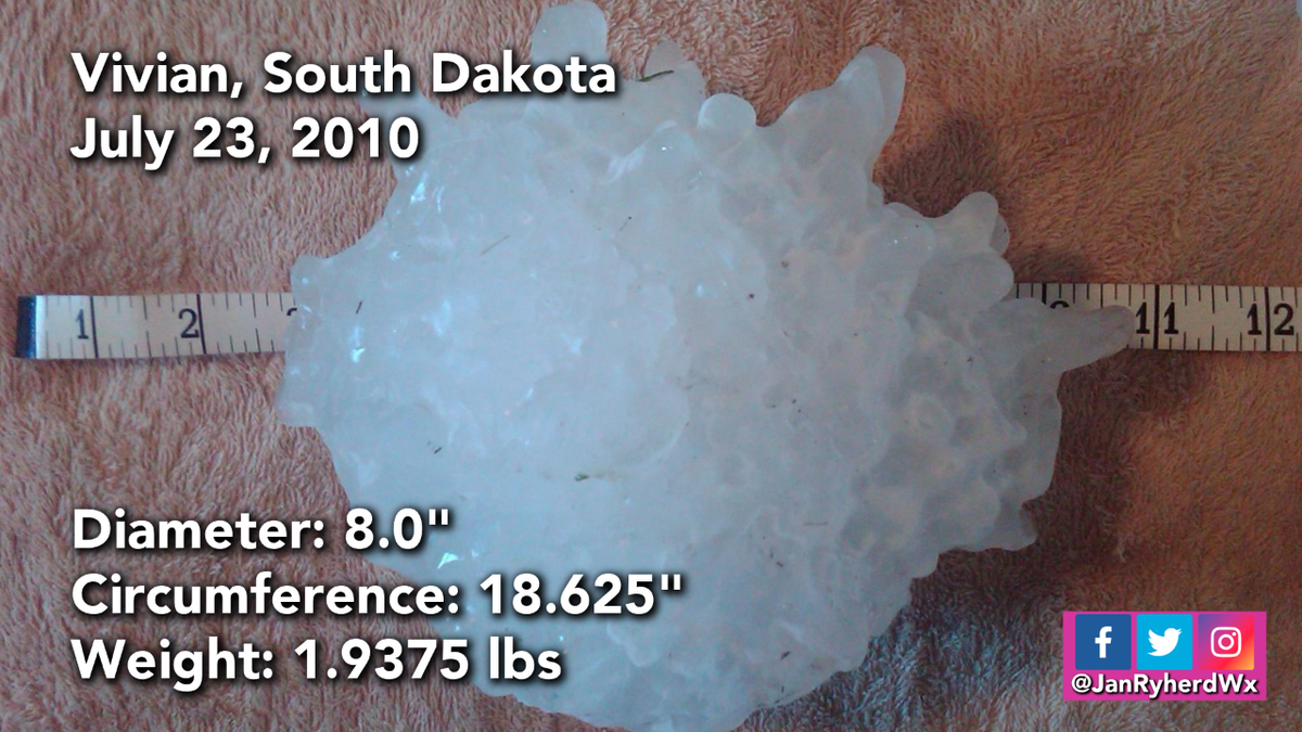 janryherdwx's tweet photo. 10 YEARS AGO TODAY a record setting hailstone fell in Vivian, SD. It weighted almost 2 pounds and was nearly the size of a volleyball! Oofta!

#AwHailNo! #NEwx https://t.co/jHnpEbDneN