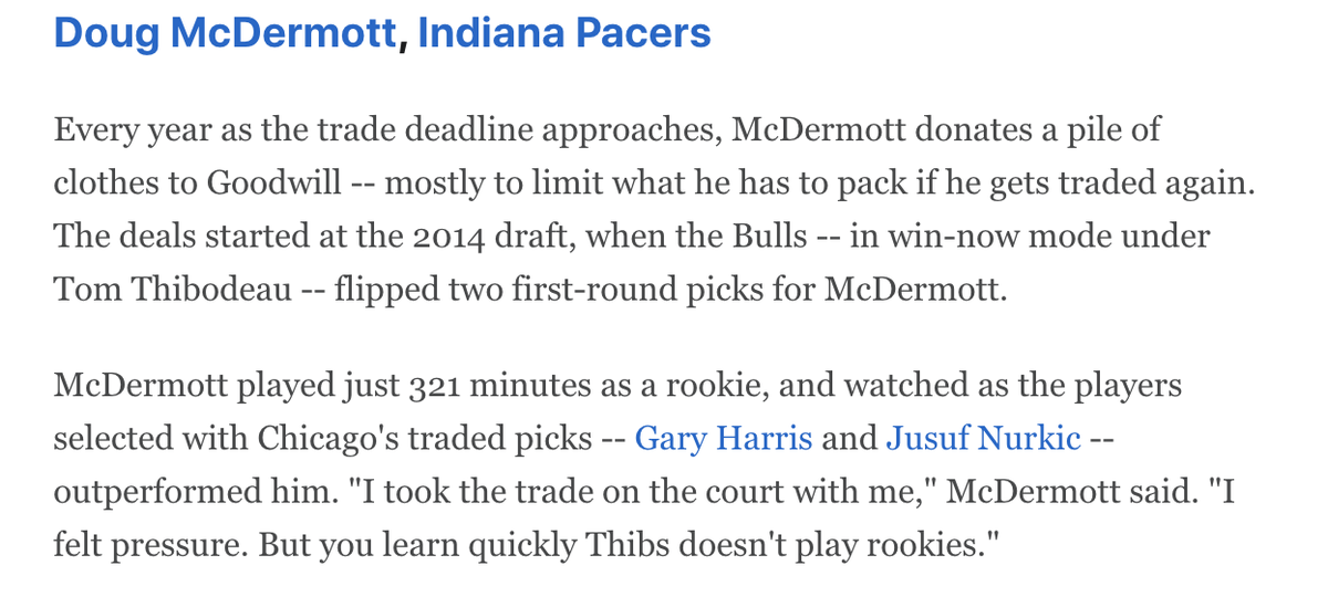 Doug McDermott: "But you learn quickly Thibs doesn't play rookies."23 yr old McDermott under Thibs: 8.9 mpg 3 ppg 48 ts%24 yr old McDermott under Hoiberg: 23 mpg 9 ppg 56 ts% https://twitter.com/NBCSChicago/status/677709267223343105?s=20