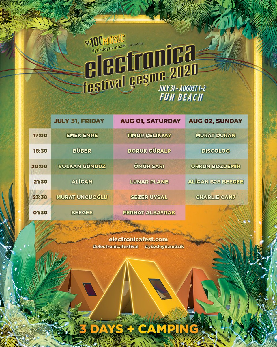 Karşınızda önümüzdeki uzun hafta sonunda (bayramın 1. 2. ve 3. günleri), toplam 16 sanatçının performanslarıyla gerçekleştirilecek %100 Music presents Electronica Festival Çeşme 2020 programı!

#electronicafestival #cesme #yüzdeyüzmüzik #joinandblend