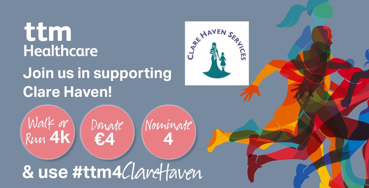 TTMGroup's tweet photo. #ttm4ClareHaven - Fundraiser by TTM Healthcare for @ClareHavenServ
Let’s get moving &amp; donating!
》donate €4 at https://t.co/8VAOYdM9en
》snap a selfie when you complete your walk/run
》share on social media using #ttm4ClareHaven &amp; @TTMGroup 
》tag 4 people you are nominating https://t.co/2UnrJFnmpk