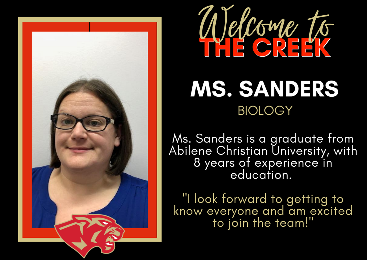 CaneyCreekStuCo's tweet photo. Welcome to the Creek Ms. Sanders! We are glad you're here! #PantherFam #CCP #CreekAE @CaneyCreekHS https://t.co/1vQkRKwUa5