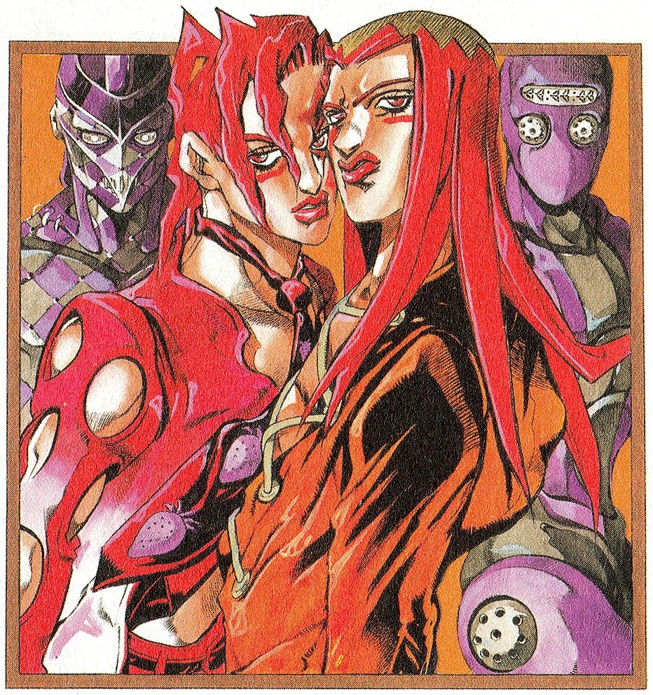 37/ Mike Morino et Terry Riley par Antonio Lopez en 1993 pour « Antonio’s People ».Fugo et Abbacchio, couverture du tome 6 (52) de Golden Wind, en avril 1997.