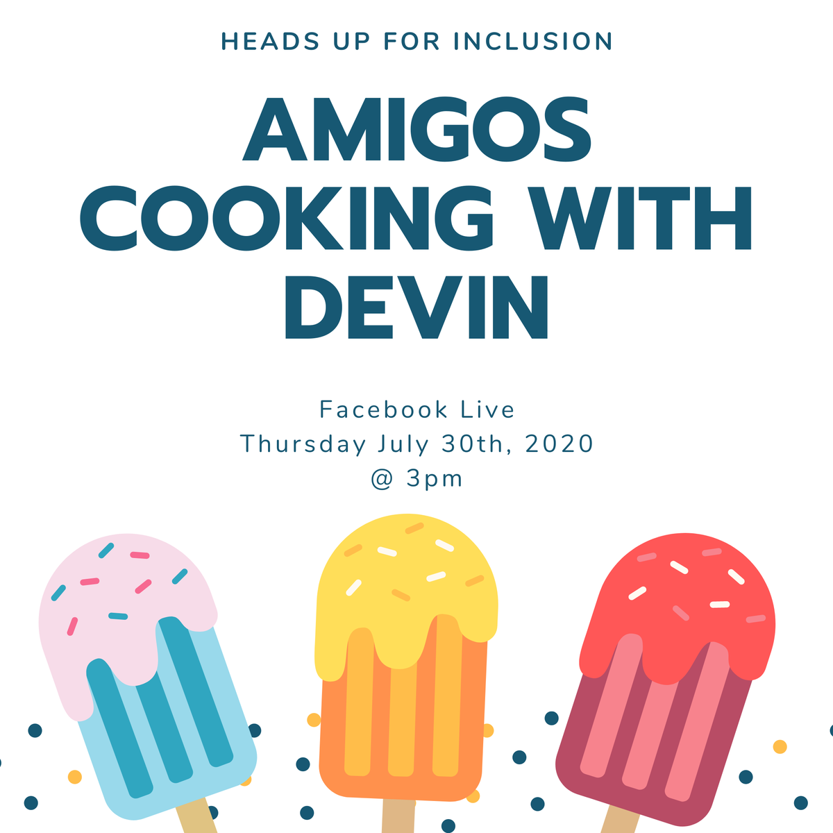 HeadsUpAmigos's tweet image. Next Thursday for Amigos Cooking with Devin he is going to be showing us how to prepare popsicles to help us beat all these heat waves ☀️

Join us on Thursday July 30th at 3pm on our Facebook page where Devin will be going LIVE!

#CookingWithDevin #CommunityAmigos #LearnToCook