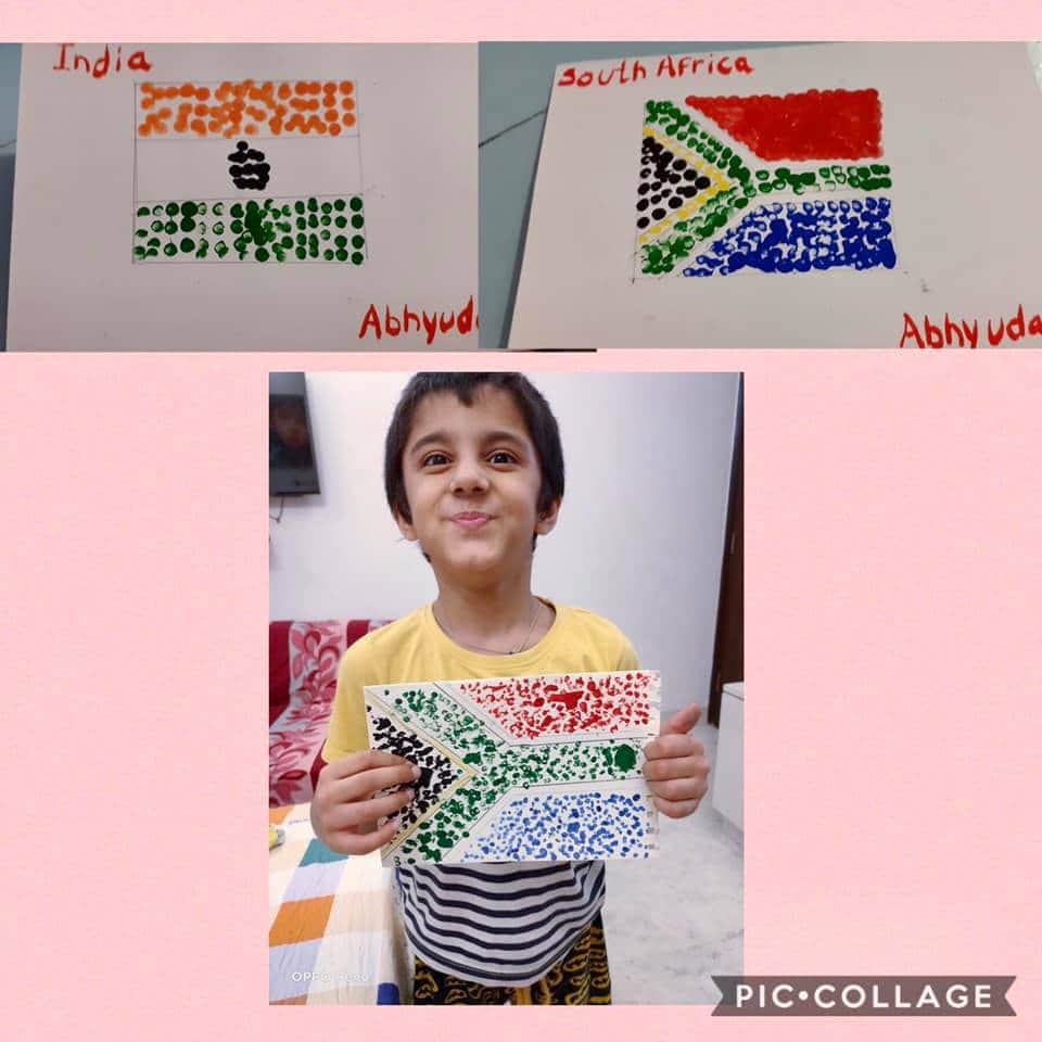 Class 1 Ss celebrated #NelsonMandelaDay by collaborating with an educator from Poland @GosiaBuszman. Ss were informed about Nelson Mandela’s life & his service to humanity through a #wakelet! They drew national flags of India & South Africa during their art class #Peace #Equality