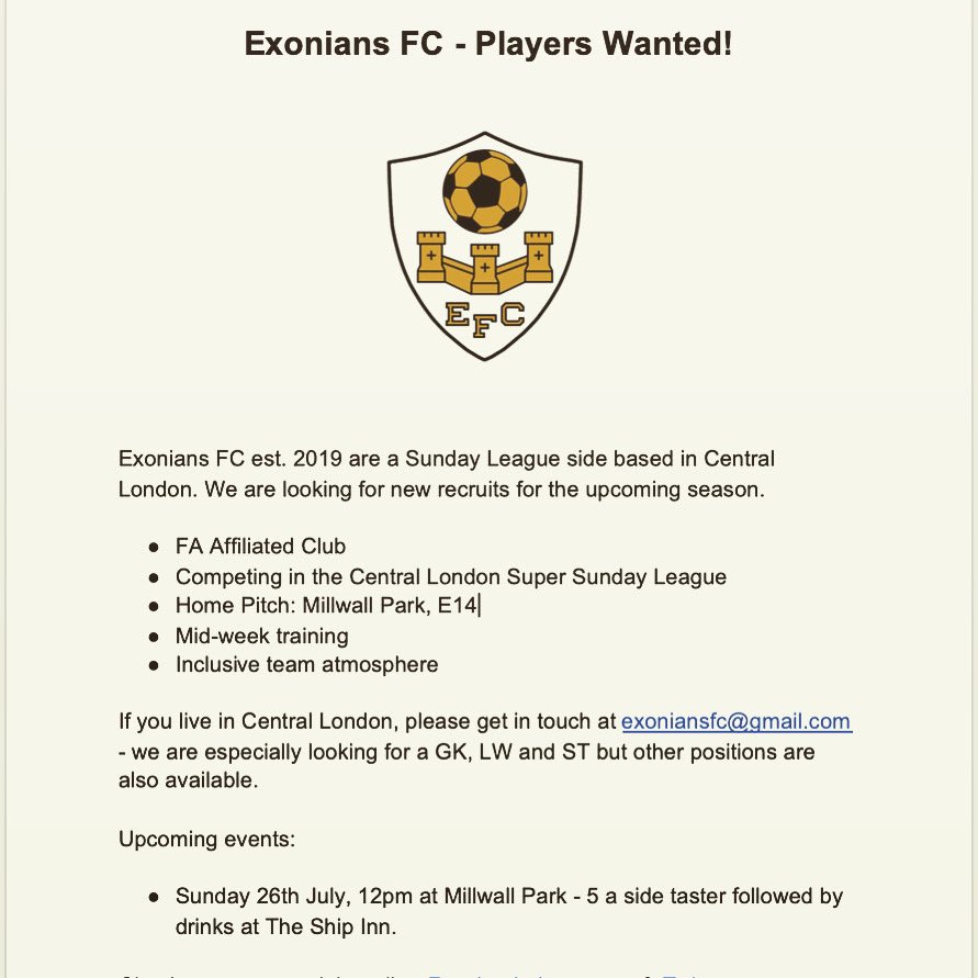 exoniansfc's tweet photo. FOOTBALLERS WANTED!! We’re a Central London Super Sunday League Team looking for players. Home ground is Millwall Park E14 in the Isle of Dogs. PLEASE SHARE!!
•
•
#clssl #grassrootsfootball #millwallpark
#playerswanted⚽️⚽️⚽️ https://t.co/liusDq4T11