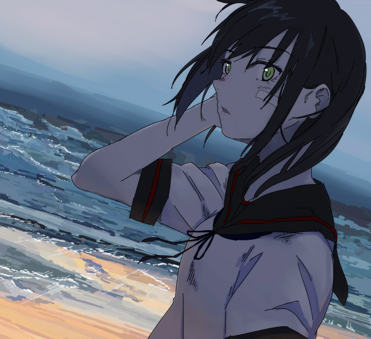 fubuki (kancolle) 1girl solo school uniform serafuku black sailor collar green eyes black hair  illustration images