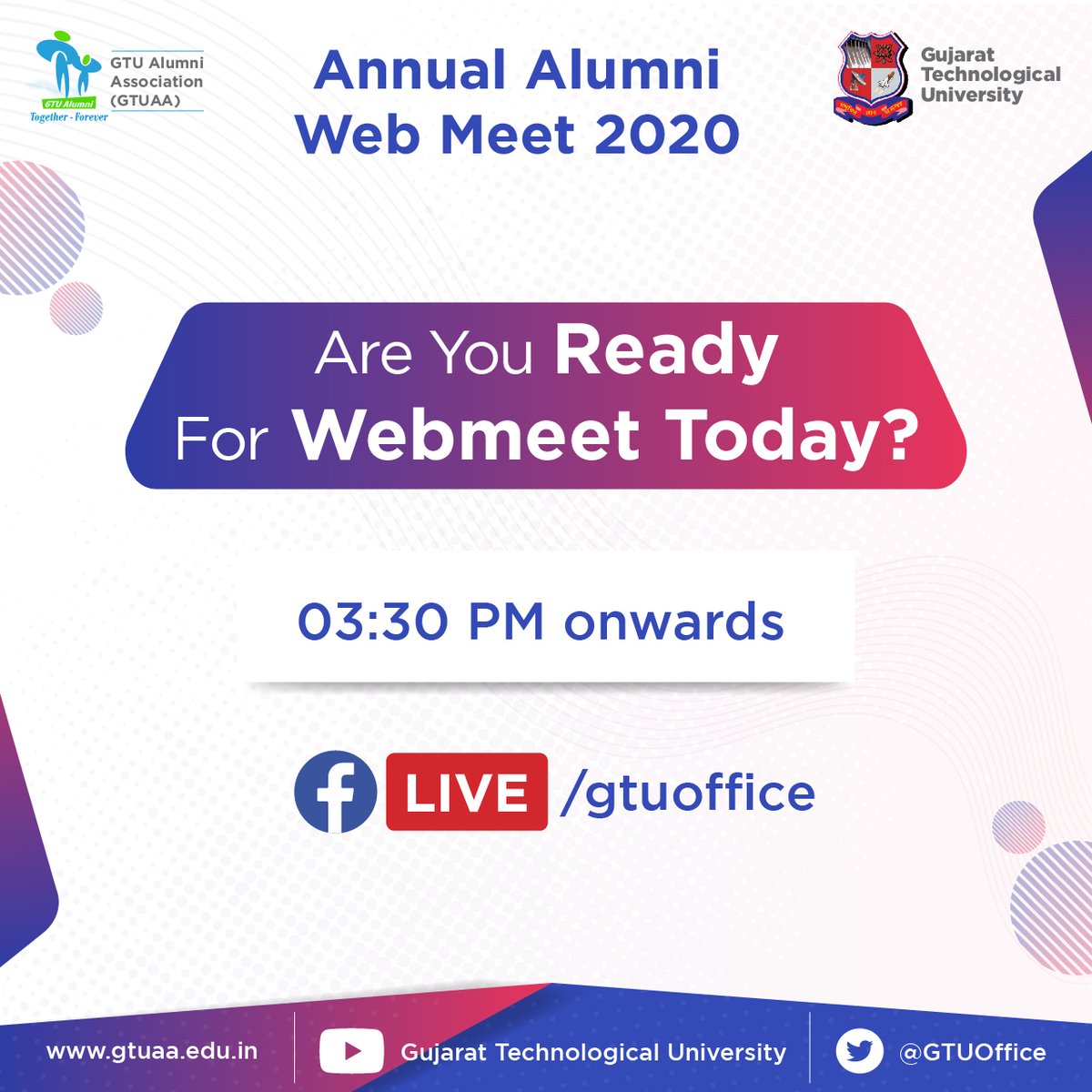 gtuoffice's tweet photo. Be Ready for the Annual Alumni Web meet today at 3:15 PM.
Link to watch the live event on:
https://t.co/JnQAMStx29
Event Details: https://t.co/8cClpWNHns
#GTU #GTUAA #alumnimeet2020 #AtmaNirbharBharat
#MSMEs https://t.co/yQ1tXfa1Pl