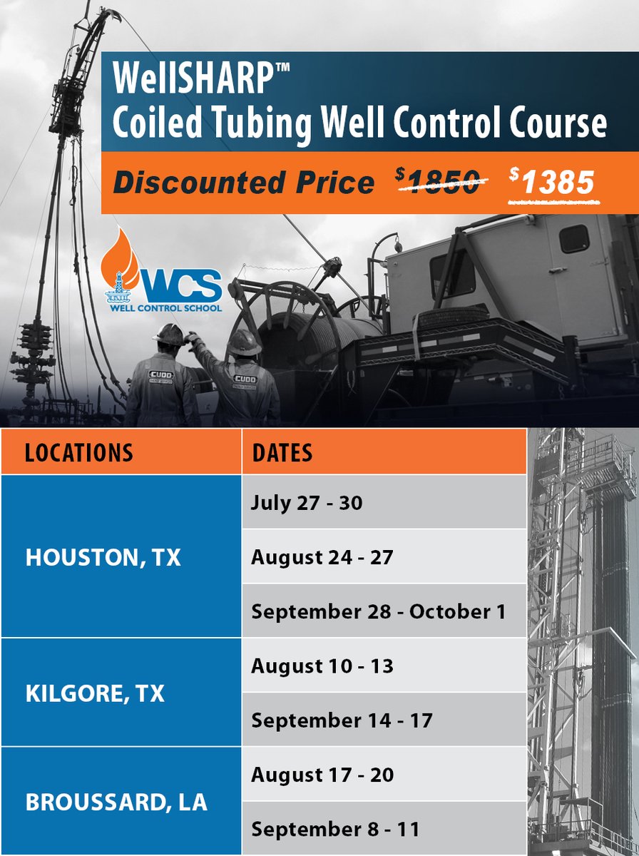 WCSchool79's tweet photo. Check out our upcoming WellSHARP Coiled Tubing Well Control courses being offered in Houston, Kilgore, TX, and Broussard LA. Take advantage of our huge discounted prices and register at https://t.co/Op3Fsu2iZZ or call us at 713.849.7400. #WellControlSchool  #CoiledTubing https://t.co/hqMeJ1GZFs