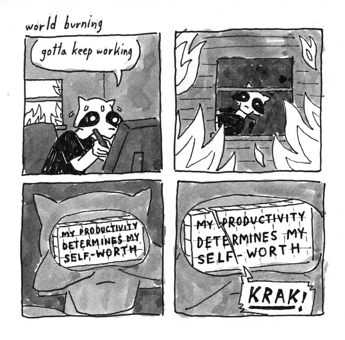 was def relying on my old friend "workohol" to get me through the first few months of quarantine. but as our capitalist world is burning, i'm starting to better understand that coping with life through being perpetually busy is just socially socially acceptable self-harm ? 