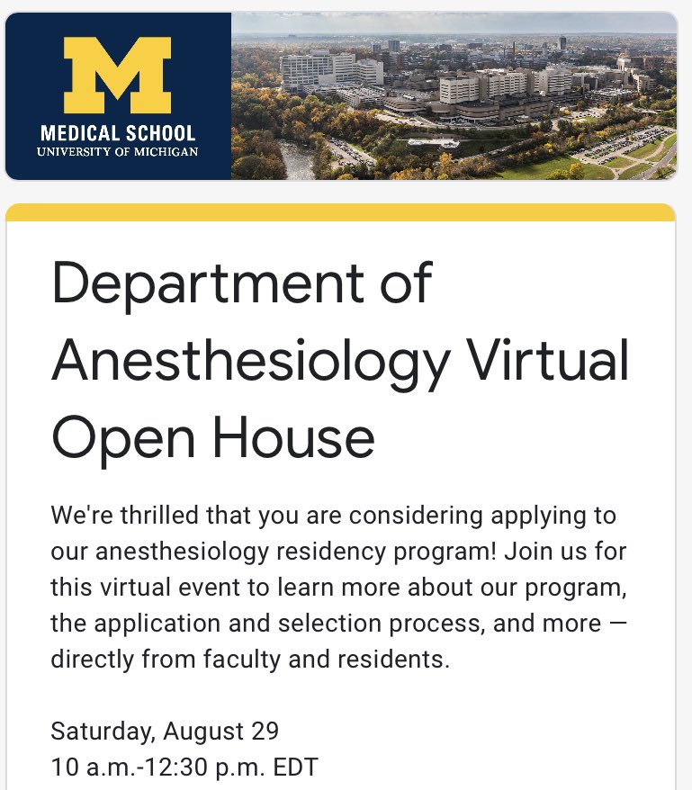 #anesthesia #medstudenttwitter #Match2021 applicants: Want to learn more about the #UMichAnes residency program and chat with our residents? Join us for a Virtual Open House on Sat Aug 29 from 10a-12:30p ET! Registration is now open at bit.ly/3fSlXgk.