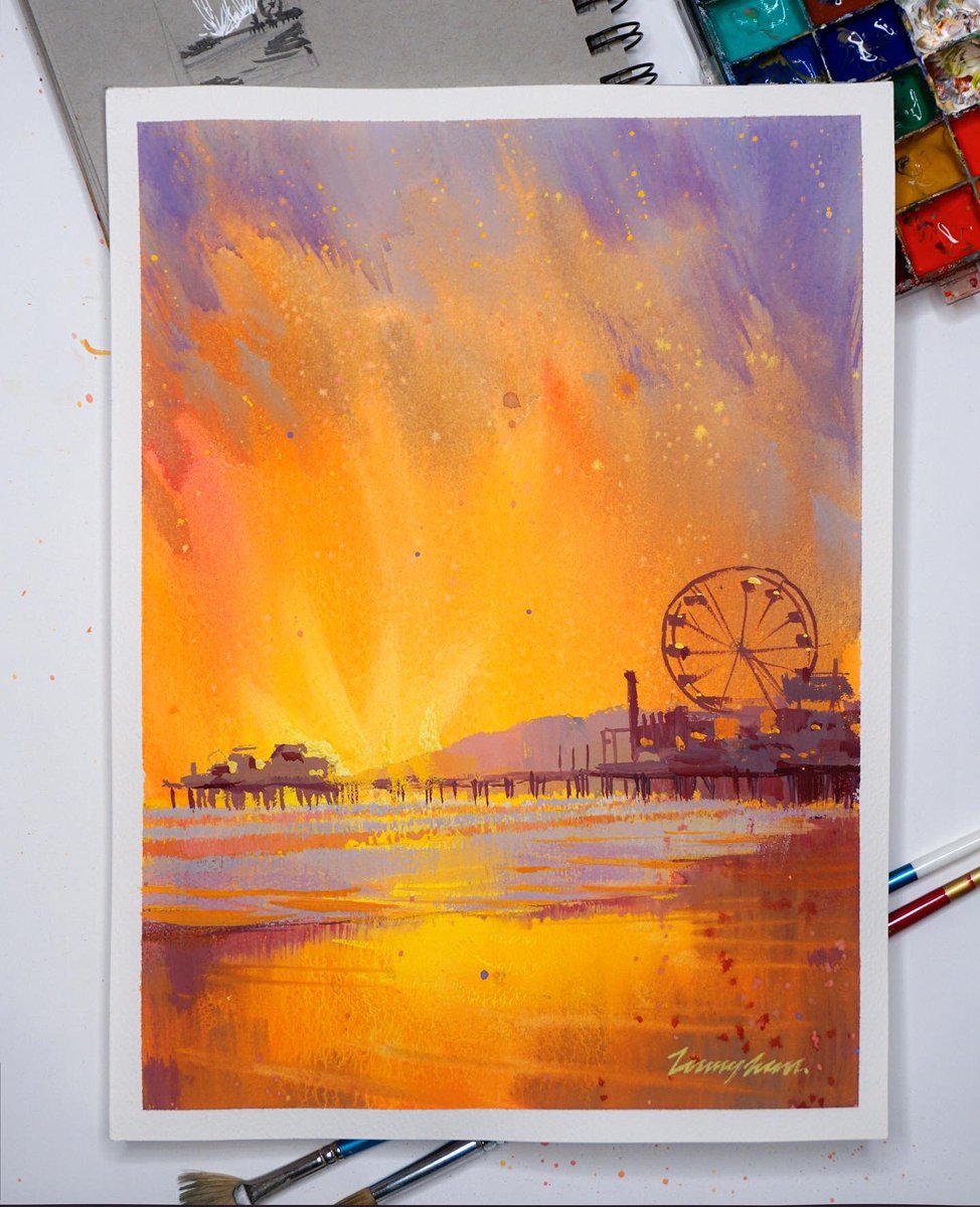 Where would you first go when things settle down? I really miss santa monica beach. #gouache on 12x9 #watercolor paper  #santamonica