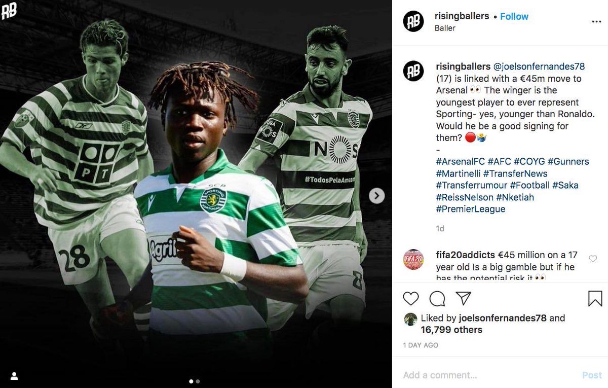 DeanJamesAFC's tweet photo. || Update via my @SBTBPod colleague @RyanClaytonSBTB || #Joelson Fernandes has liked this Instagram post by RisingBallers talking about his potential move to #Arsenal. https://t.co/eXHPCNGr05