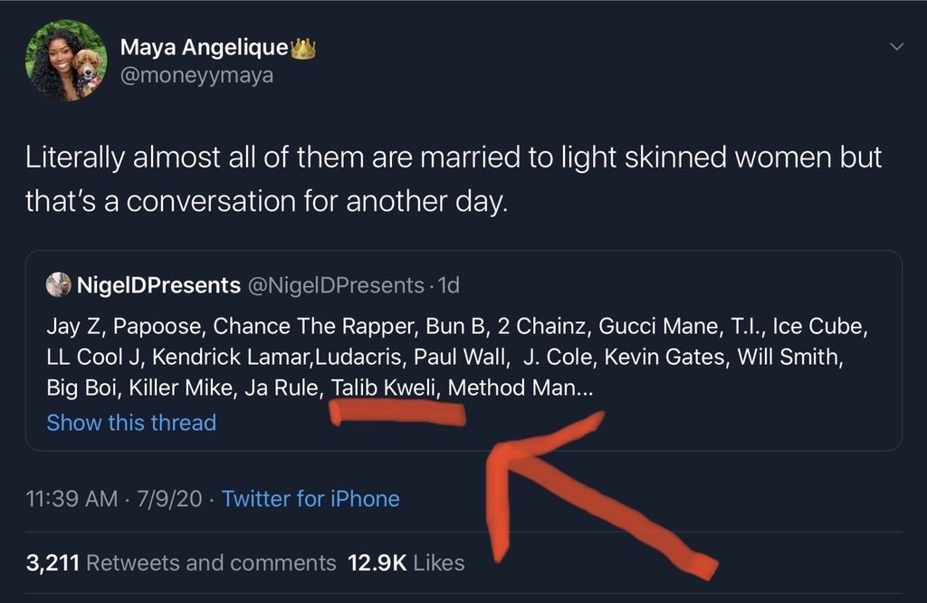 As of 12 minutes ago, he was still tweeting his offense to an observation she made on July 9. An observation which she carefully qualified and which Talib could’ve easily used to assume she didn’t mean him.
