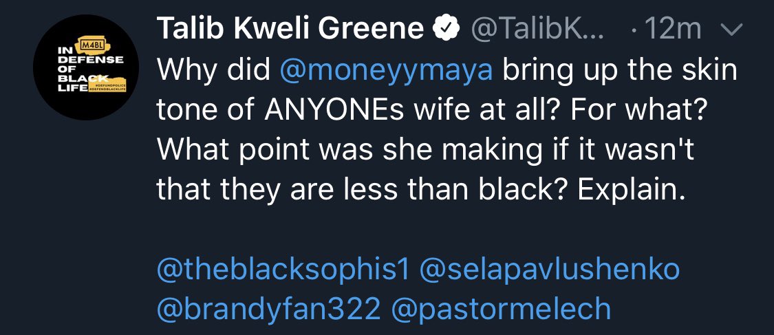 As of 12 minutes ago, he was still tweeting his offense to an observation she made on July 9. An observation which she carefully qualified and which Talib could’ve easily used to assume she didn’t mean him.