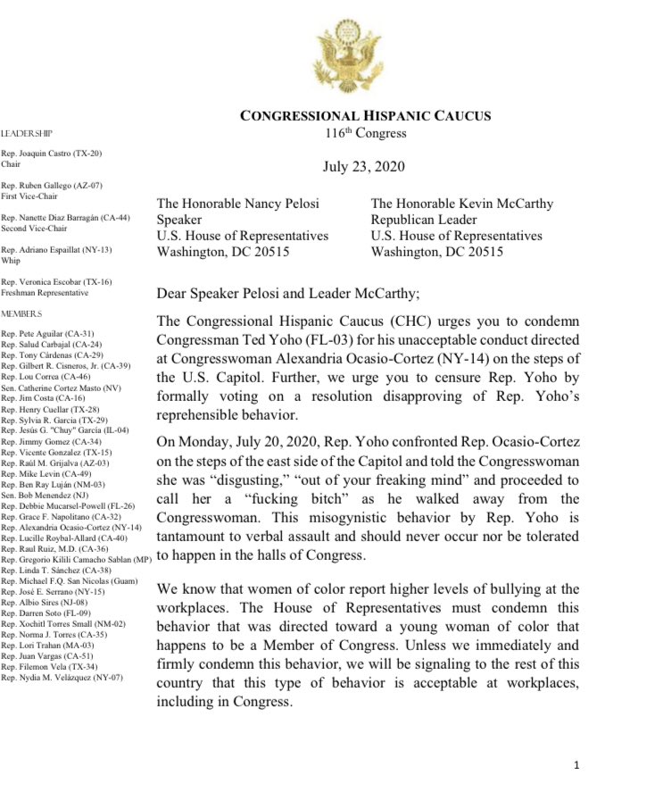 HispanicCaucus's tweet photo. The @HispanicCaucus urges a censure of @RepTedYoho for his verbal assault against @AOC.

His sexist slur was not only reprehensible, but represents a fraction of the abuse women confront every day in the workplace.

This must never happen again in the halls of Congress. https://t.co/UgOzYwfbcY