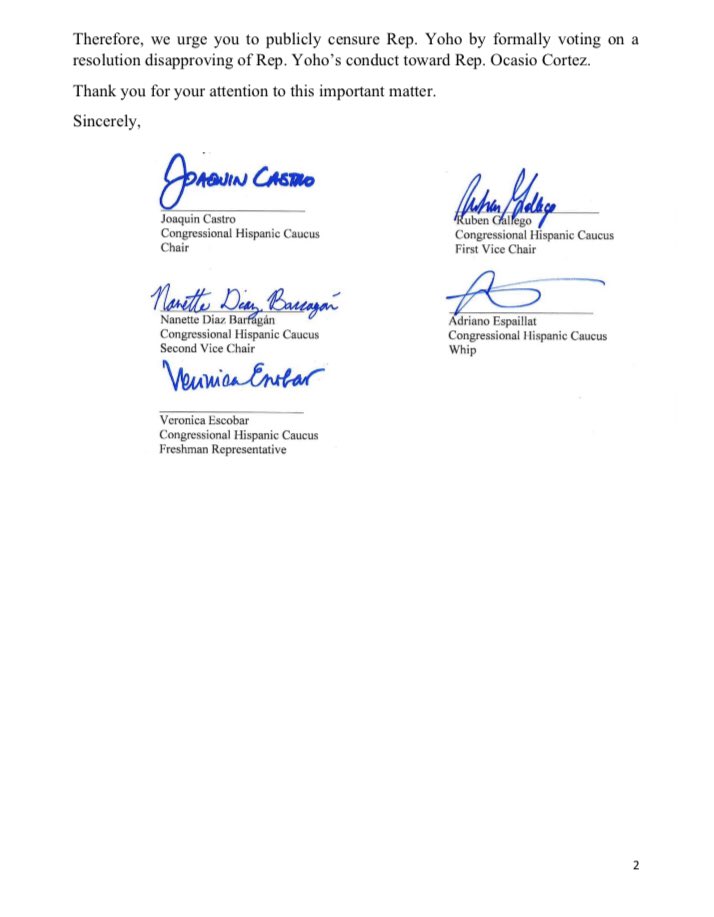 HispanicCaucus's tweet photo. The @HispanicCaucus urges a censure of @RepTedYoho for his verbal assault against @AOC.

His sexist slur was not only reprehensible, but represents a fraction of the abuse women confront every day in the workplace.

This must never happen again in the halls of Congress. https://t.co/UgOzYwfbcY
