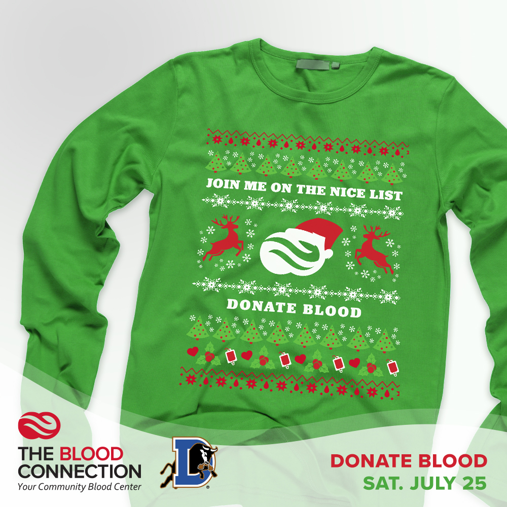 DurhamBulls's tweet photo. Slots are still open for @BloodConnection's blood drive at the DBAP this Saturday from 2-6pm.

Donors will receive this Christmas in July shirt + a $10 Visa gift card.

SIGN UP » https://t.co/Jscov81XTC https://t.co/AHquFbvXf0