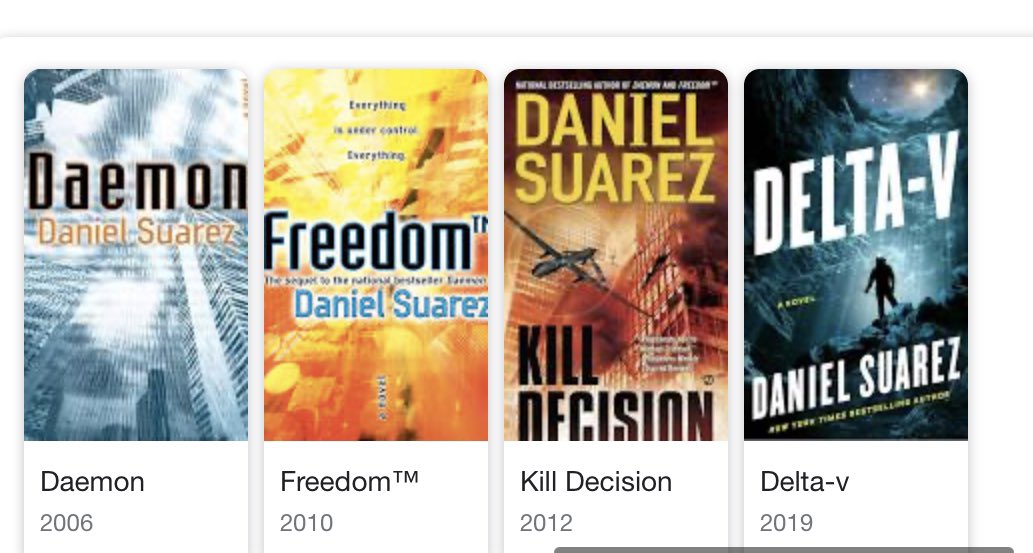 toddjwalk3r's tweet photo. @nickpowpow @itsDanielSuarez books. All. Of. Them.  Daemon for an AR Internet. Delta-V for mining asteroids. My personal favorite is Change Agent https://t.co/xjcAMA8kHO