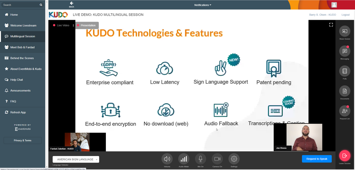 ProfessorOlsen's tweet photo. This is so exciting. Simultaneous interpretation now available in a leading virtual event app. Here's a screen shot of the @KUDOway integration with @EventMobi with live interpretation into #ASL. #MICE #inclusionmatters #multilingualevents #multilingual #r1nt #RSI https://t.co/ANATqTlaOL