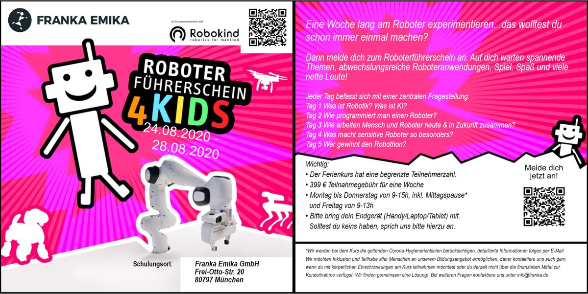 FRANKAROBOTICS's tweet photo. Looking 4 activitites 4 your kids during summer?What about a "Roboter Führerschein"!From 24.-28.8. teens will learn everything from #AI to programming-of course with appropriate corona hygiene measures!Thanks @RobokindDE for supporting us! Check it out: https://t.co/m9YIKWaSsy. https://t.co/eRic2ZNzY2