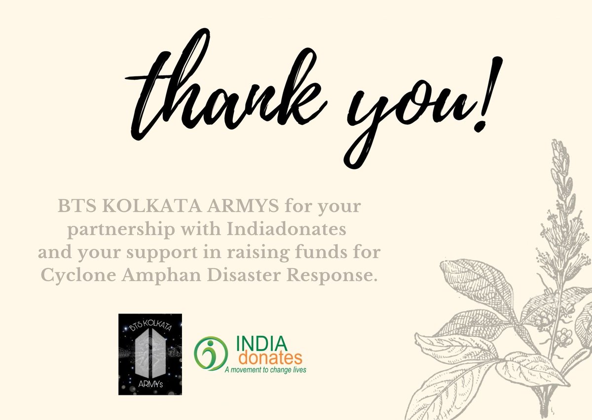 'The youth is the hope of our future' and today @btskolkataarmys  have proved just that.
THANK YOU ARMYS for your partnership with us at @indiadonatesid & your relentless support in raising funds for #CycloneAmphan. You have brought a ray of hope in the lives of many.