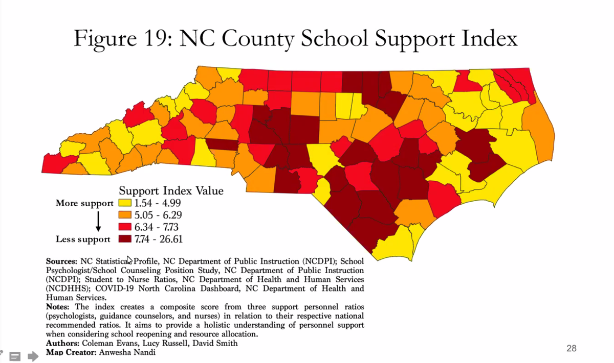 Districts with a lower score have more personnel support (yellow), and districts with a higher score have fewer support personnel (dark red). This map is only for the 100 county-wide LEAs.  #nced  #eddata  @UNCPublicPolicy