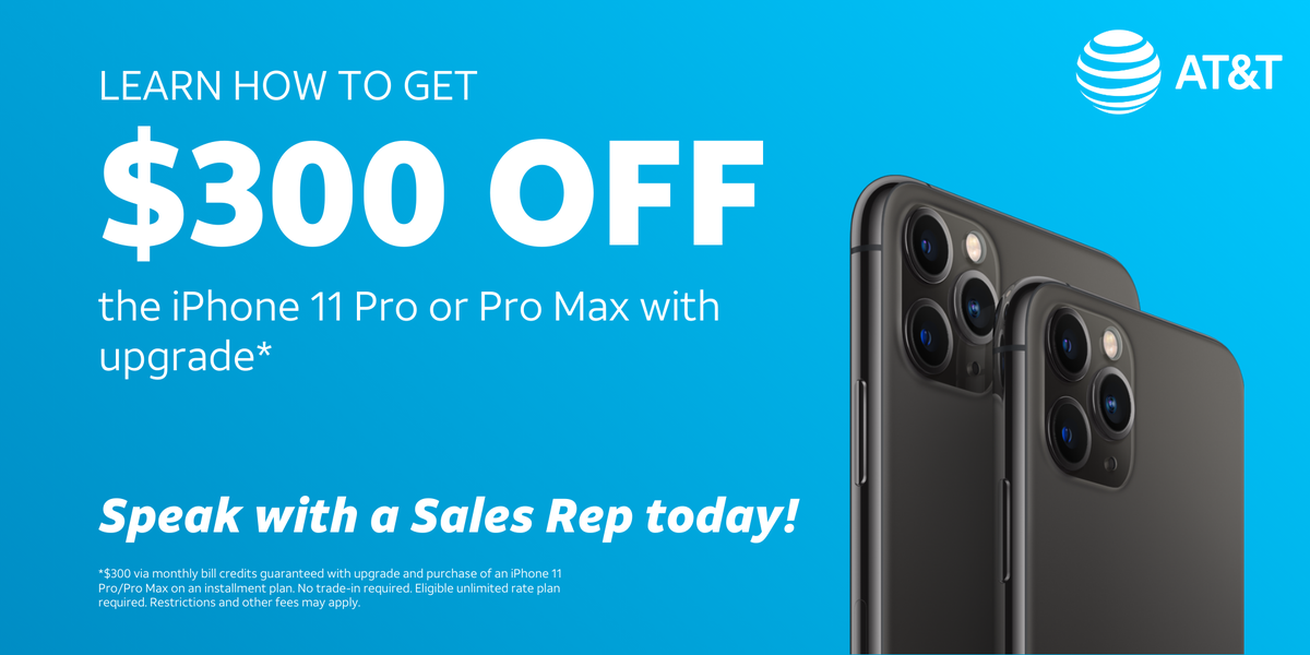 For a limited time, get $300 when upgrading to an iPhone 11 Pro or 11 Pro Max on an eligible AT&amp;T unlimited plan! Visit our AT&amp;T Store at 5621 Carolina Beach Rd, Unit B Wimington, NC 28412, or give us a call at 910-390-5433 or begin your online order here: att.com/stores/north-c…