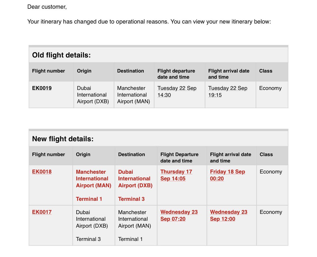 This is the 2nd flight change meaning we’ll now have to pay over £200 for another nights accommodation or lose a day’s holiday with no help from customer support or offer of compensation. Awful service. First and last time flying <a href="/emirates/">Emirates</a> <a href="/EmiratesSupport/">Emirates Support</a>