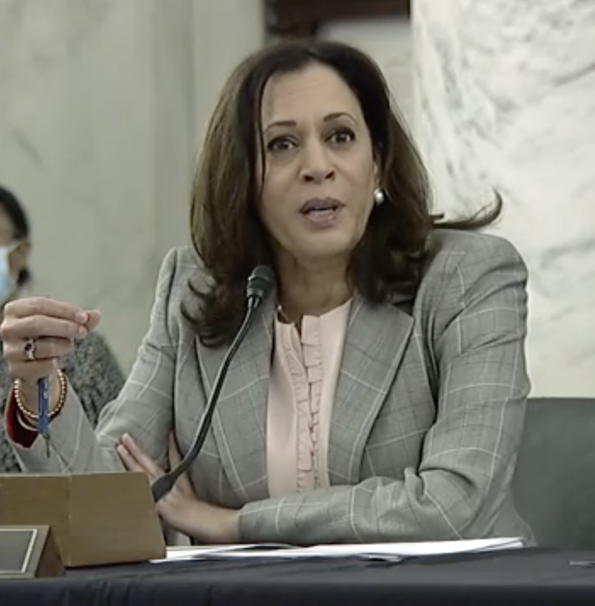 Screenshot of Senator Kamala Harris speaking during a Senate Judiciary Committee meeting.