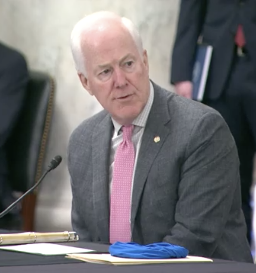 Screenshot of Senator John Cornyn speaking during a Senate Judiciary Committee meeting.