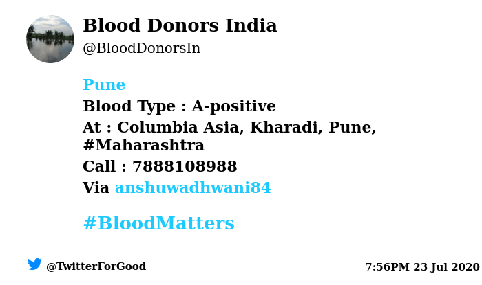 BloodDonorsIn's tweet photo. #Pune
Need #Blood Type :  A-positive
At : Columbia Asia, Kharadi, Pune, #Maharashtra
Blood Component : Need Plasma from A+ve #COVID19 recovered patient.
Number of Units : 2
Primary Number : 7888108988
Via: @anshuwadhwani84
#BloodMatters
Powered by Twitter https://t.co/jRfjjt6wVA