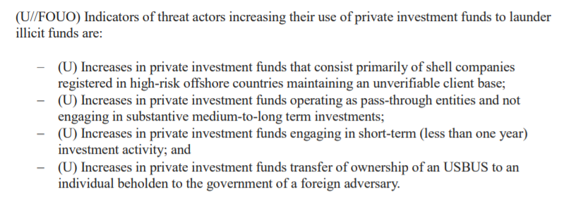 #4 is very interesting! Using private investment funds to take over a US business by a foreign adversary that then runs the business. We have seen a few cases of this make the news where China secretly bought control of small defense contractors using this method.
