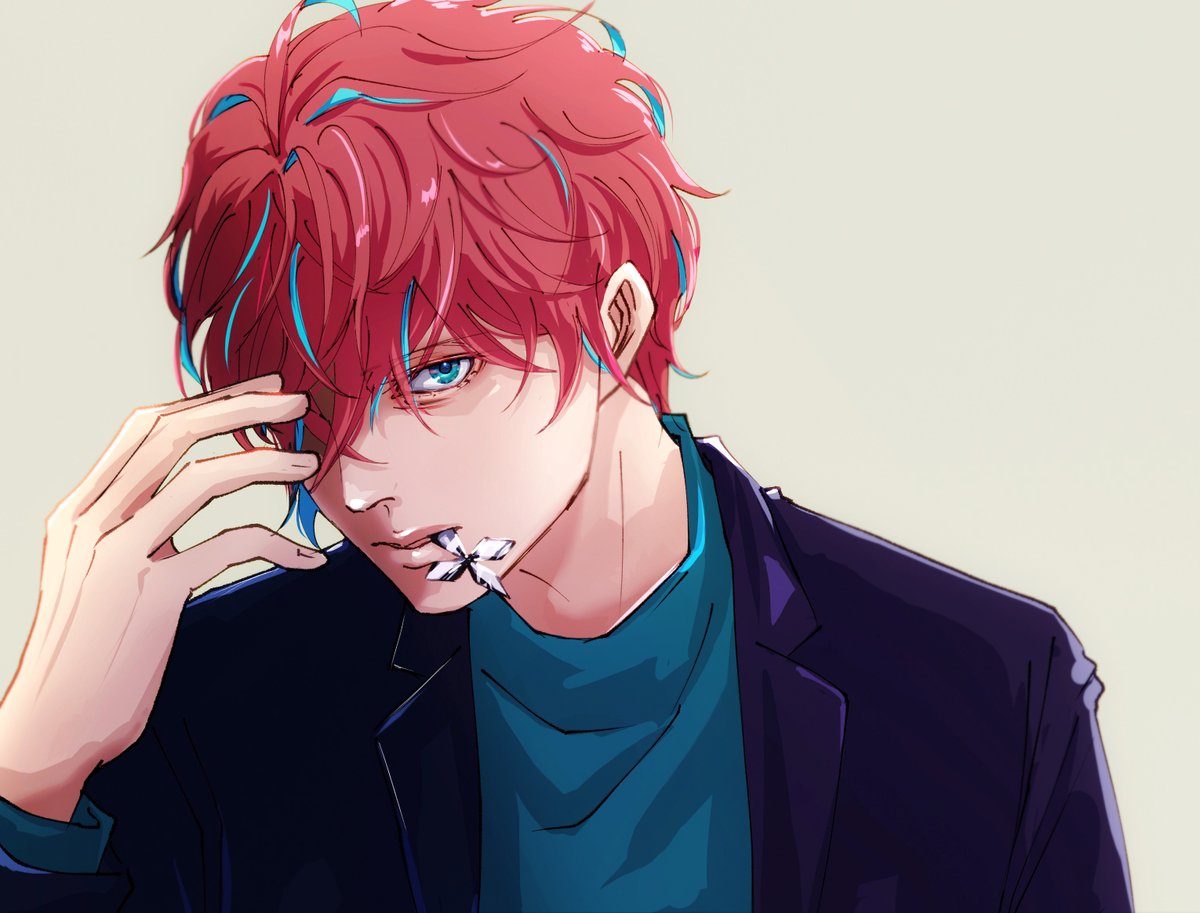 1boy male focus solo blue eyes blue hair red hair shirt  illustration images
