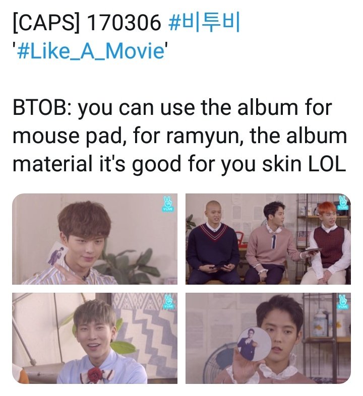 other artists promoting their own album : it has so many good songs and we hope you will enjoy itbtob : the paper of our album is so good you can use it as mouse pad also our album is so thick you can eat ramen on top of it and its also good for your skin and it's good for kids