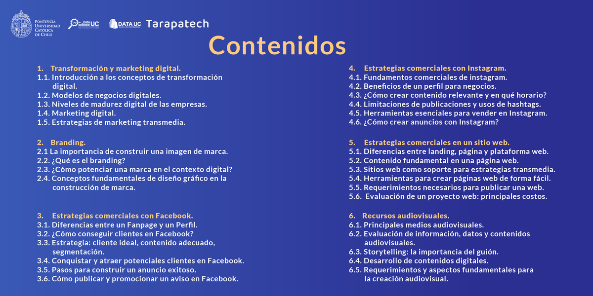 TarapacaUC's tweet photo. 👉¡Aquí están los contenidos del curso gratuito y certificado @ucatolica "Herramientas tecnológicas para la transformación digital". Interesantes, ¿cierto?😎
Una gran oportunidad para los tarapaqueños emprendedores de aprender 💪⬆️ con #Tarapatech @Gore_Tarapaca @CoredeTarapaca https://t.co/HPGknSRtFj