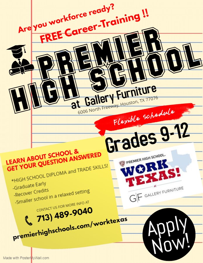 Earn a High School Diploma and a trade skill certificate for free!  Available for ages 14-26. Trades include: Auto Tech, CDA, Carpentry, Electrical, Horticulture, and Welding. Apply here and Premier HS will contact you: premierhighschools.com/galleryfurnitu…
#HSDiploma #tradeclasses #Houston