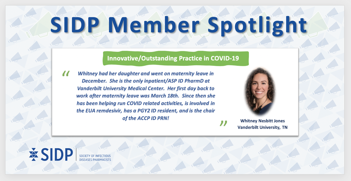 SIDPharm's tweet photo. Please join us in celebrating @SIDPharm member @whitajones for her outstanding work during the #COVID19 pandemic! Here are a few kind words from her colleagues at @VUMChealth 

#IDTwitter https://t.co/hyyOq7Ft61