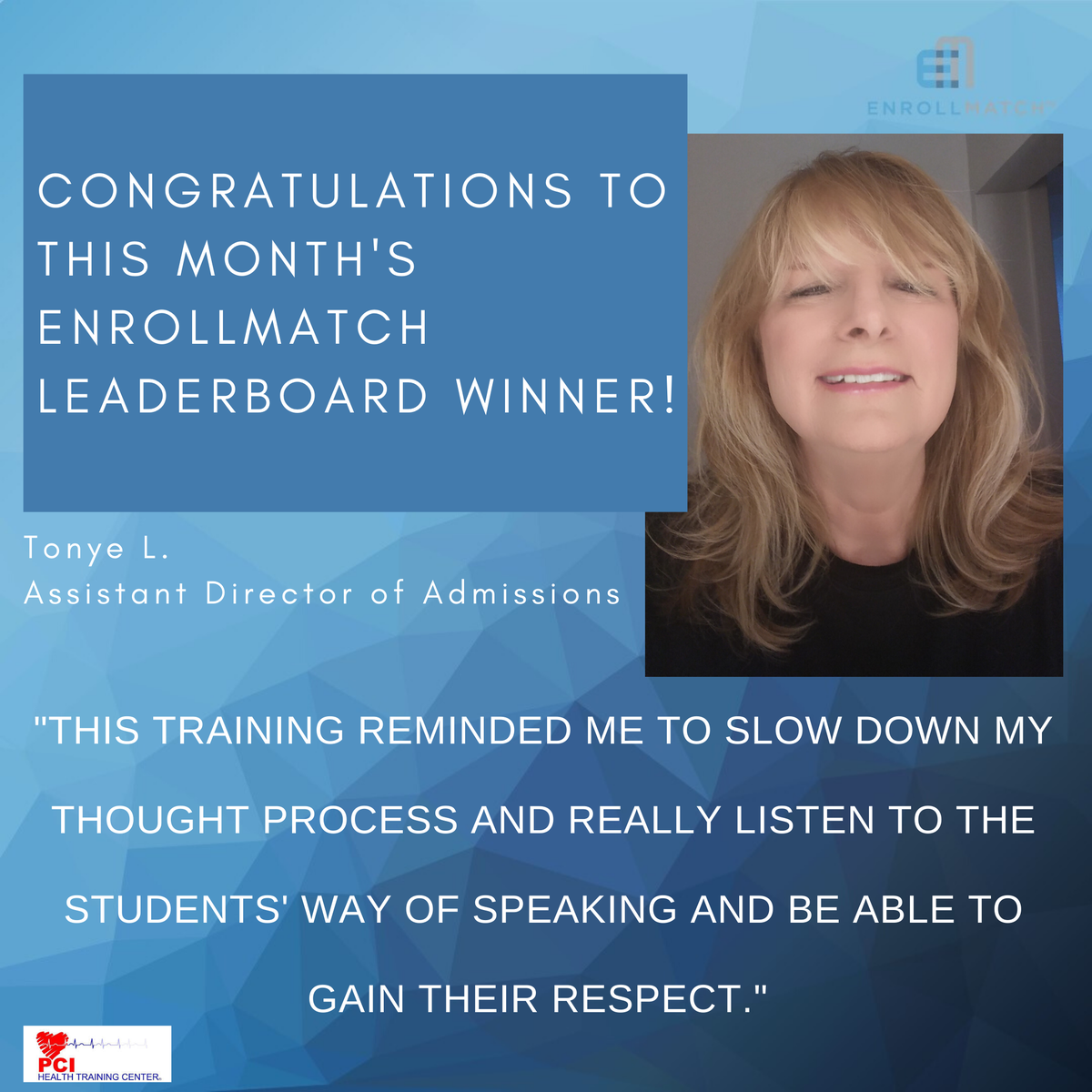 Congratulations to Tonye L., the Assistant Director of Admissions at PCI, for being at the top of this month's EnrollMatch Leaderboard!!! #PCI #NortonNorris #EnrollMatch