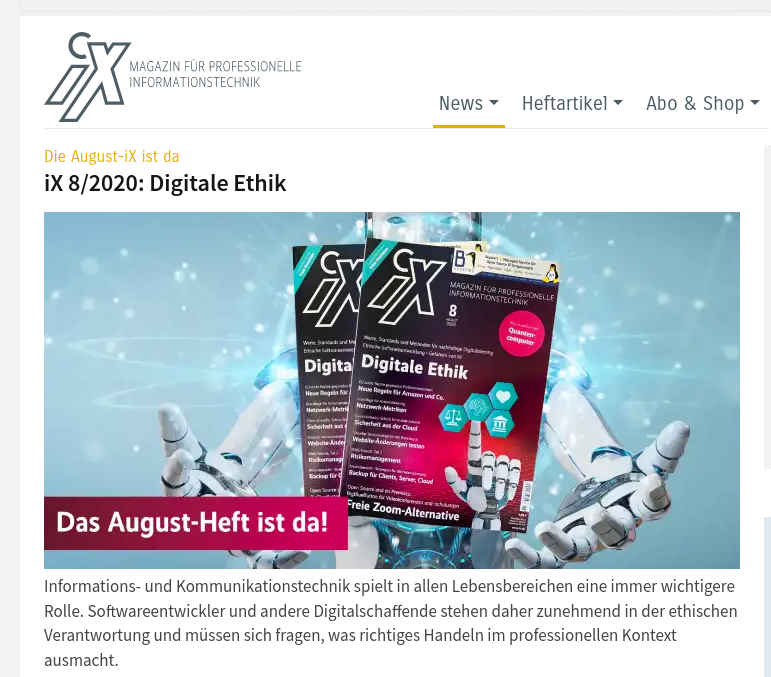 Eine Sache, die mir hier bei <a href="/Heise/">heise</a>
 so richtig gefällt, ist die Arbeit unserer Grafiker. Gerade hier, bei der Aufmachergrafik für <a href="/heiseonline/">heise online</a>
, für die neue <a href="/iXmagazin/">iX</a> --> heise.de/select/ix/2020…
 . Wow. Danke, Lisa!